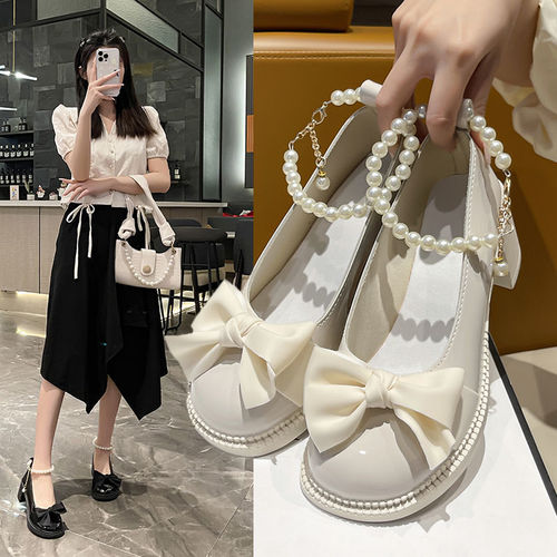Spring and Summer New Butterfly Knot Pearl Chain French Mary Jane Women's Sandals Match Skirts Thick Heel High Heels Women
