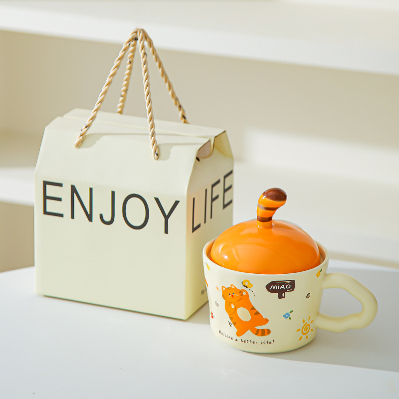 Divertido gato de dibujos animados tazas con cubierta de oficina adorable ins tazas de cerámica tazas de regalo creativas personales