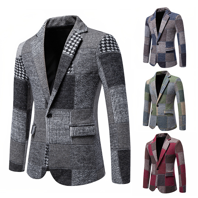 European and American retro color-block men's suit, Amazon tweed herringbone patchwork single-breasted slim-fit European size blazer European and American retro color-block men's suit, Amazon tweed herringbone patchwork single-breasted slim-fit European size blazer