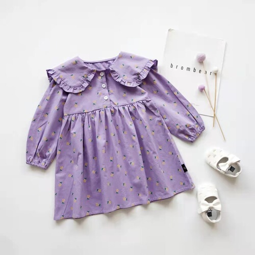 Girls Lolita Dress 2024 Autumn New Small Yellow Flower Splicing Ruffled Lapel Long Sleeve Princess Dress
