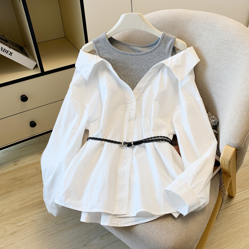现货现货法式气质收腰露肩假两件白色长袖衬衫外套女初秋衬衣上衣