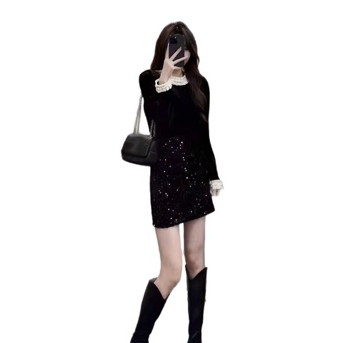 Spring fashion small chanel suit Korean drama black spliced long-sleeved shirt top high waist sequin half skirt two-piece set 