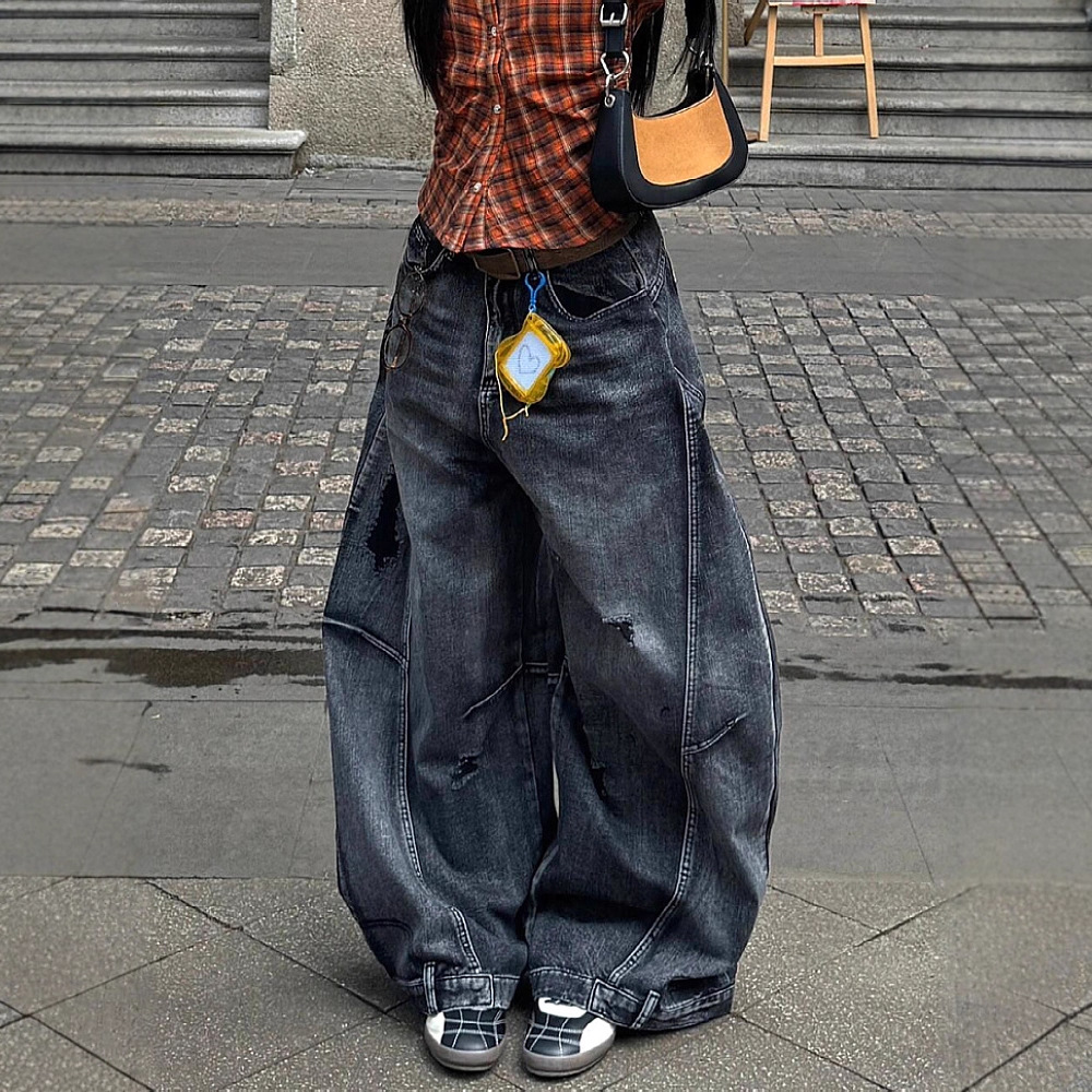 美式高街vibe水洗磨破弯刀牛仔裤男女同款街头显瘦宽松阔腿长裤子