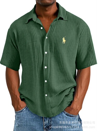 TikTok Temu 2025 New Cross-border Plus Size Embroidered Shirt for Men, Loose Pure Cotton Short Sleeve Collar Shirt