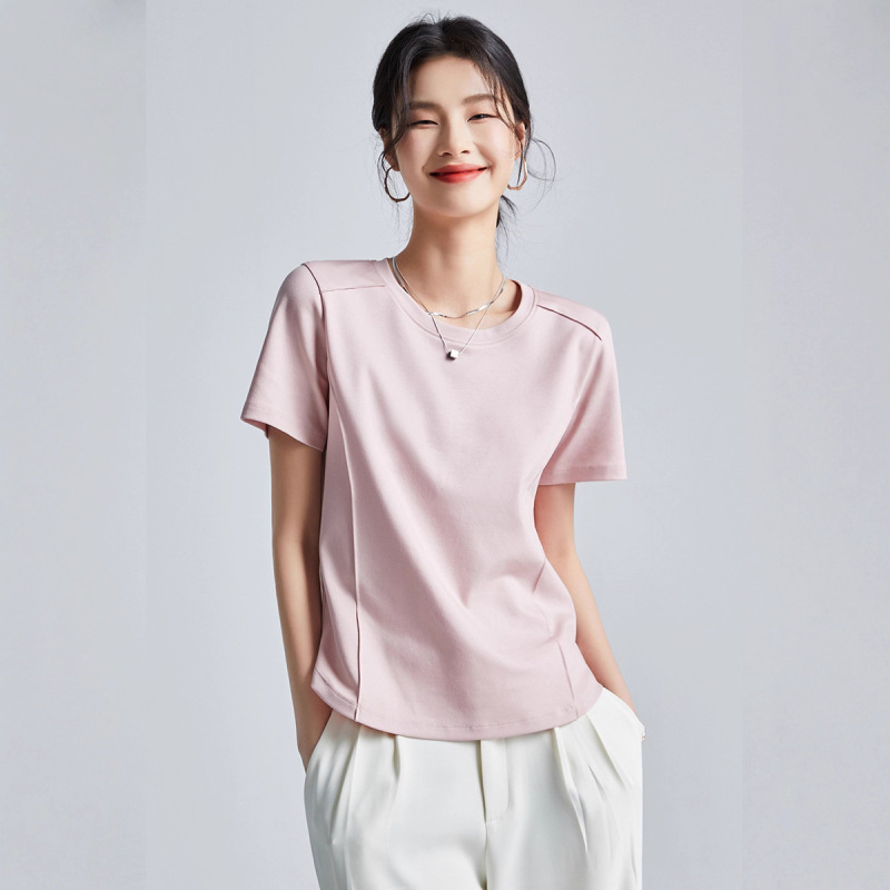 Shopping Mall Same Style Liquid Ammonia White Short-Sleeved Right Shoulder T-Shirt for Women 25 Summer Mercerized Cotton Round Neck Bottoming Shirt Half-Sleeved Shopping Mall Same Style Liquid Ammonia White Short-Sleeved Right Shoulder T-Shirt for Women 25 Summer Mercerized Cotton Round Neck Bottoming Shirt Half-Sleeved