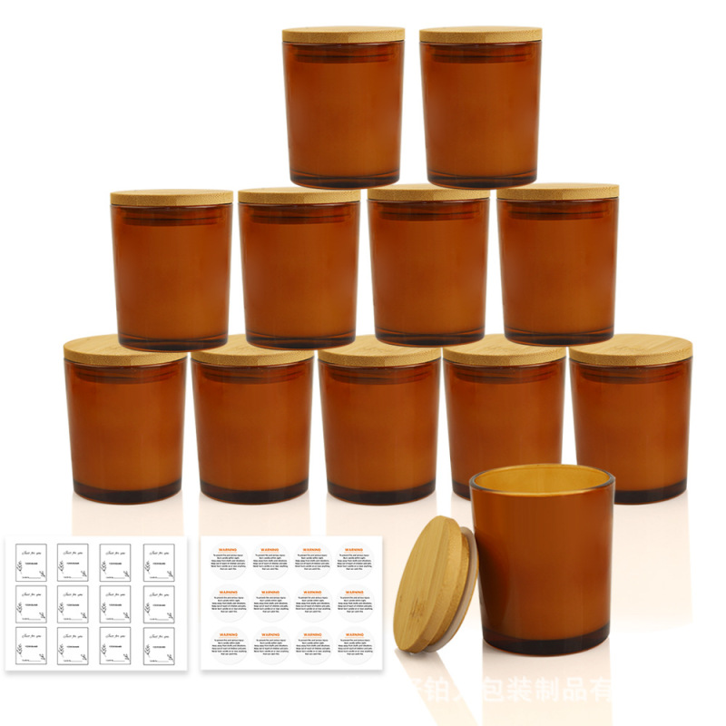 国境を越えた売れ筋の茶色の香りのキャンドルカップキャンドルジャー木製蓋キャンドルホルダーカップカラーガラス空カップセット12個|undefined