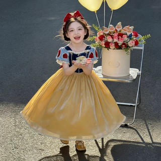 2026新款夏装重工蕾丝领泡泡袖公主裙小女孩时尚气质蓬蓬礼服裙子