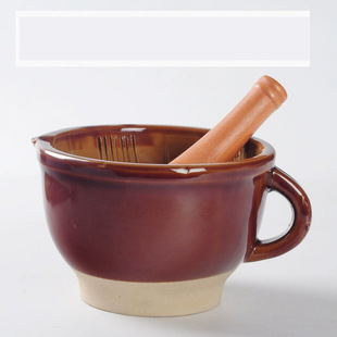 Bowl Grinder with Handle Garlic Mortar Grinder Beech Wood Grinding Rod Thickeneded Clay Pottery Bowl Coarse Pottery Bowl
