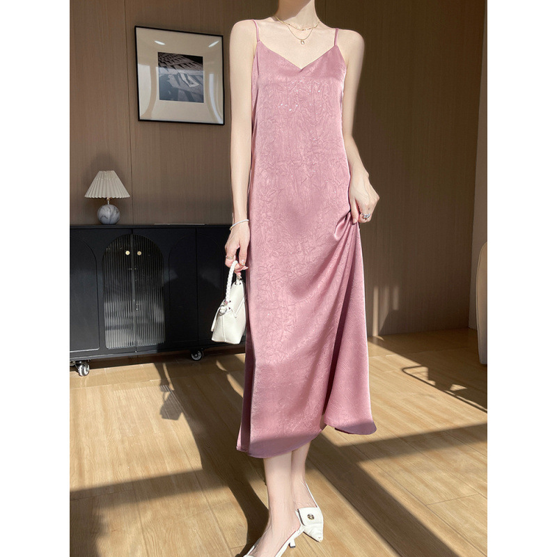 New Sequin High-Waisted Suspender Dress for Women, High-End Waist-Cinching Long Skirt, Elegant Draped Satin Bottoming Skirt for Summer