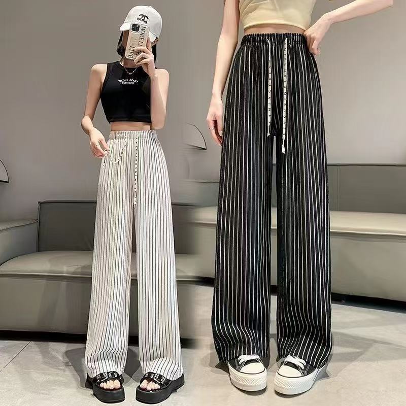2025夏季女裤高腰垂感百褶皱宽松休闲裤竖条纹黑丝皱芊芊叶阔腿裤