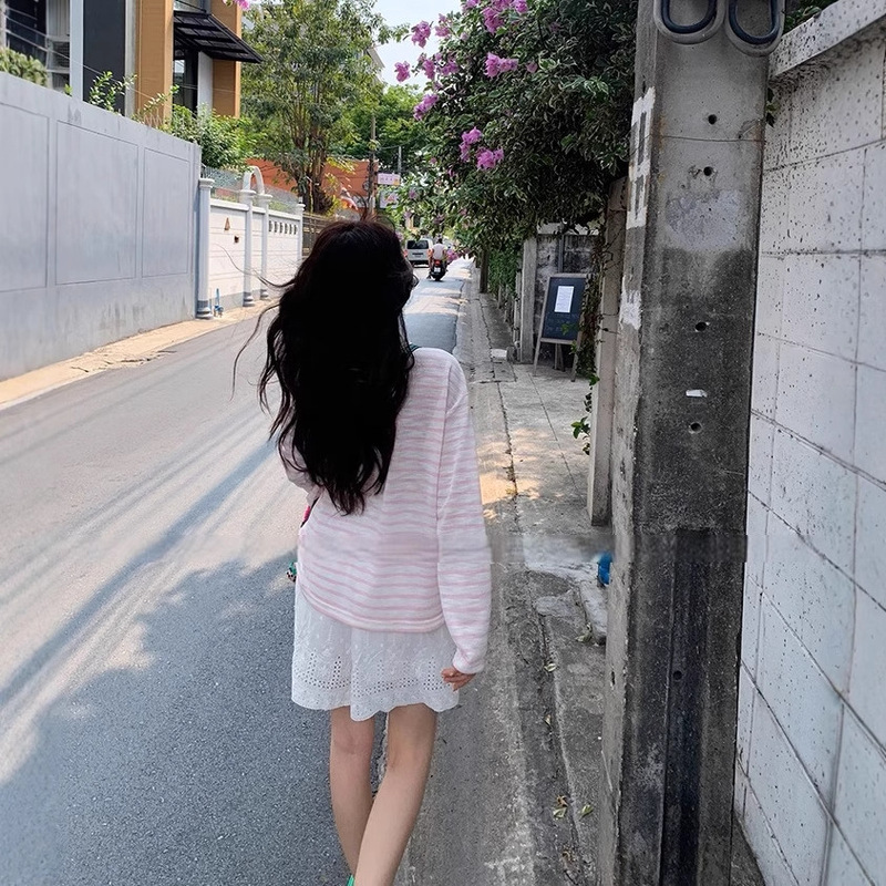 韓国シックなピンクのストライプのサスペンダートップ女性の夏の日焼け止めブラウス長袖Tシャツ薄手|undefined