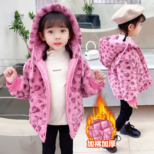 Girls' Autumn/Winter 2025 New Arrival: Stylish Furry Sweater with Cotton Padded Design for Baby Girls—Children's Leopard-Print Warm Winter Outfit