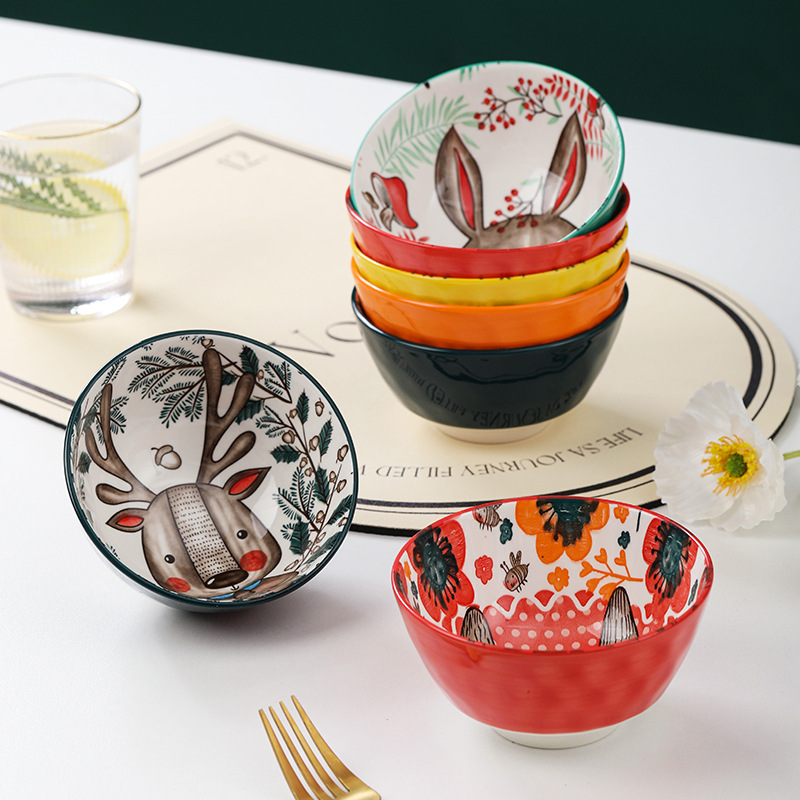 Tazón de Cerámica con Diseño de Animales del Bosque, 4.75 Pulgadas, con Patrón de Piedra, Lindo Tazón para Arroz, Vajilla para el Hogar, Tazón Pequeño, Adorable Conejo de Orejas Largas.