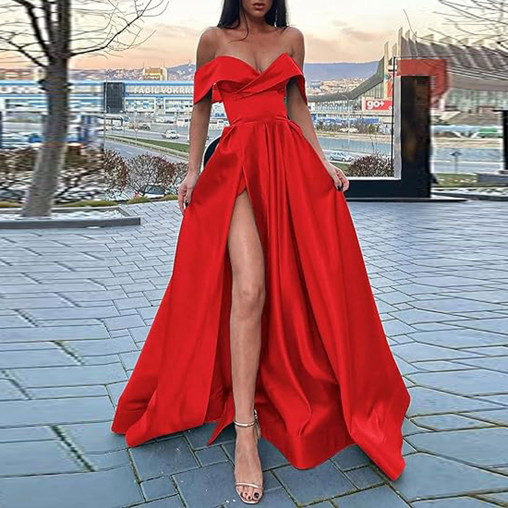 Amazon Comercio exterior fuera del hombro prom vestido de noche largo split sexy Fiesta de las mujeres vestido de banquete