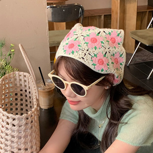 Seaside Vacation Travel Photograph Knitted Hot Girl Headscarf Women's Toe Fashion French Retro Flower Triangle Scarf Hair Belt