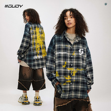 #OVDY 美式经典复古蓝格长袖衬衫男款喷绘潮牌翻领格子衬衫