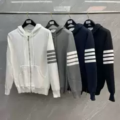Trendy TB Fall New Striped Four-Bar Zip-Up Hooded Knit Cardigan Sweater Unisex Couple Matching Versatile