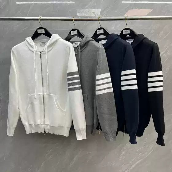 Trendy TB Autumn New Striped Four-Bar Zip-Up Hooded Knit Cardigan Sweater for Men and Women Couples Matching Versatile