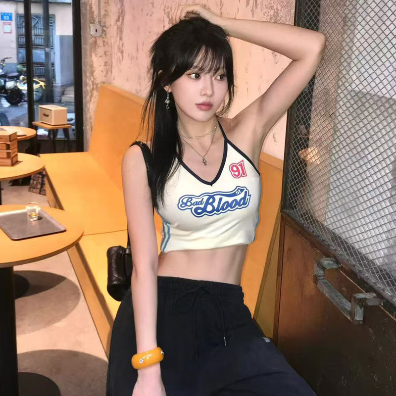 Korean Trendy Brand Badblood Halter Neck Tie Strap American Retro Slim Fit Crop Top Dance Tank Top for Women