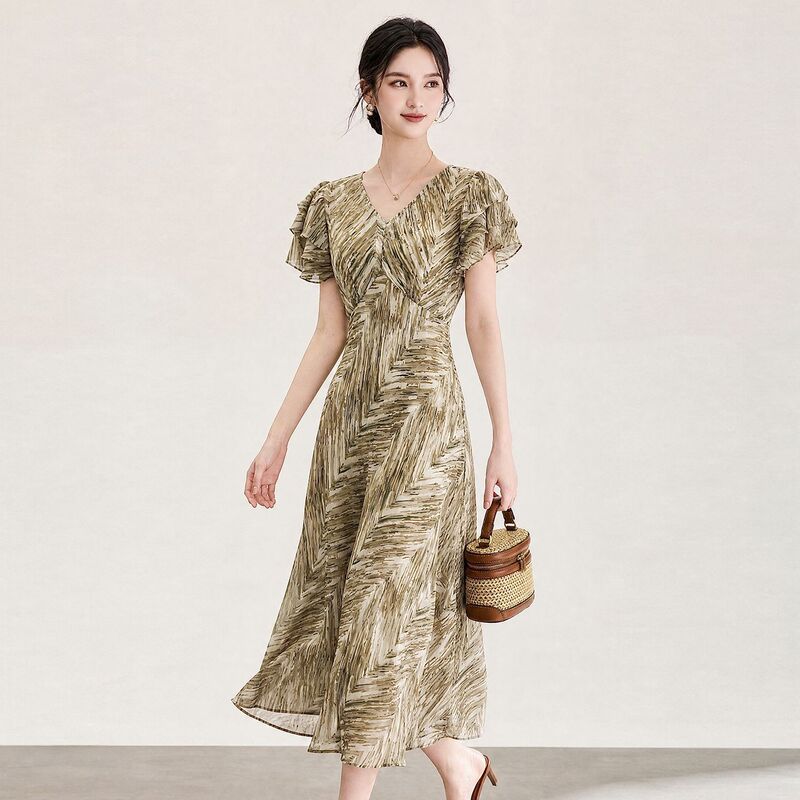 2612309-Nanyou High-End Fashion Elegant Ladylike Resort Style V-Neck Ruffle Sleeve Printed Dress Summer Style