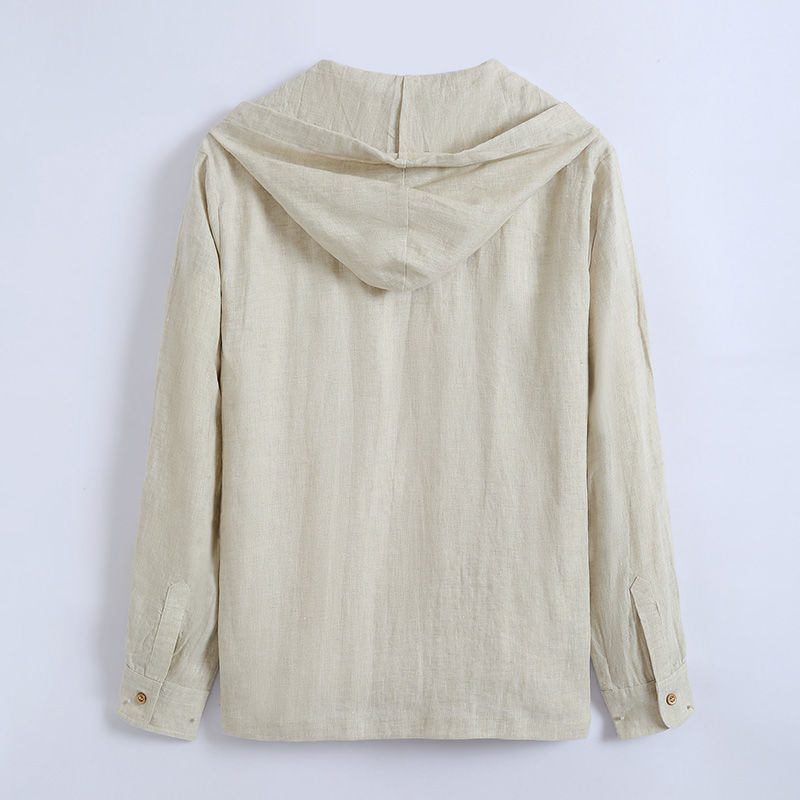 Spring and Summer Pure Color Linen Shirt Men's Loose Thin Hooded Cotton and Linen White Top Sun Protection Clothing Men's Linen Shirt Spring and Summer Pure Color Linen Shirt Men's Loose Thin Hooded Cotton and Linen White Top Sun Protection Clothing Men's Linen Shirt