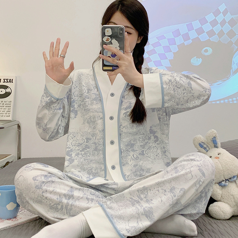 New Spring Imitation Cotton Moon Suit Kimono Postpartum Pregnant Women Lactation Clothes Blue Ink Painting Fashion Home Clothes plus size