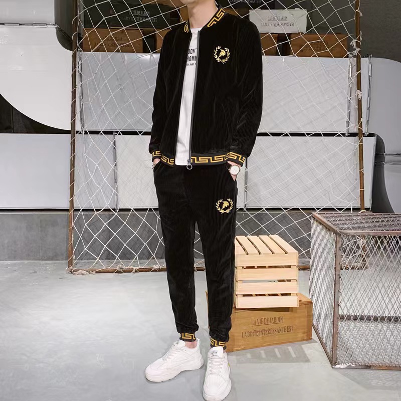 Traje deportivo para hombre Otoño e Invierno Nueva ropa deportiva de terciopelo dorado para hombre casual Chaqueta de punto con capucha de manga larga