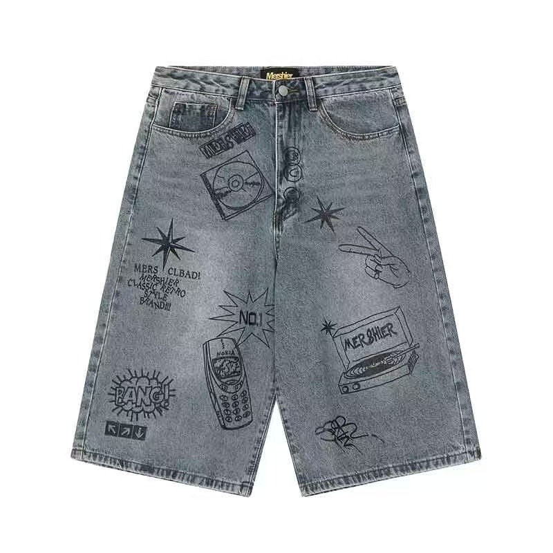 Men's Clothing Unisex Wide-Leg Cropped Jeans Loose Fit Denim Shorts For Summer Retro Graffiti Style For Formal & Casual_mkmklike.com