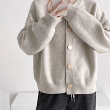 春秋款设计感单排扣纯色开衫洋气慵懒宽松圆领上衣女针织毛衣外穿