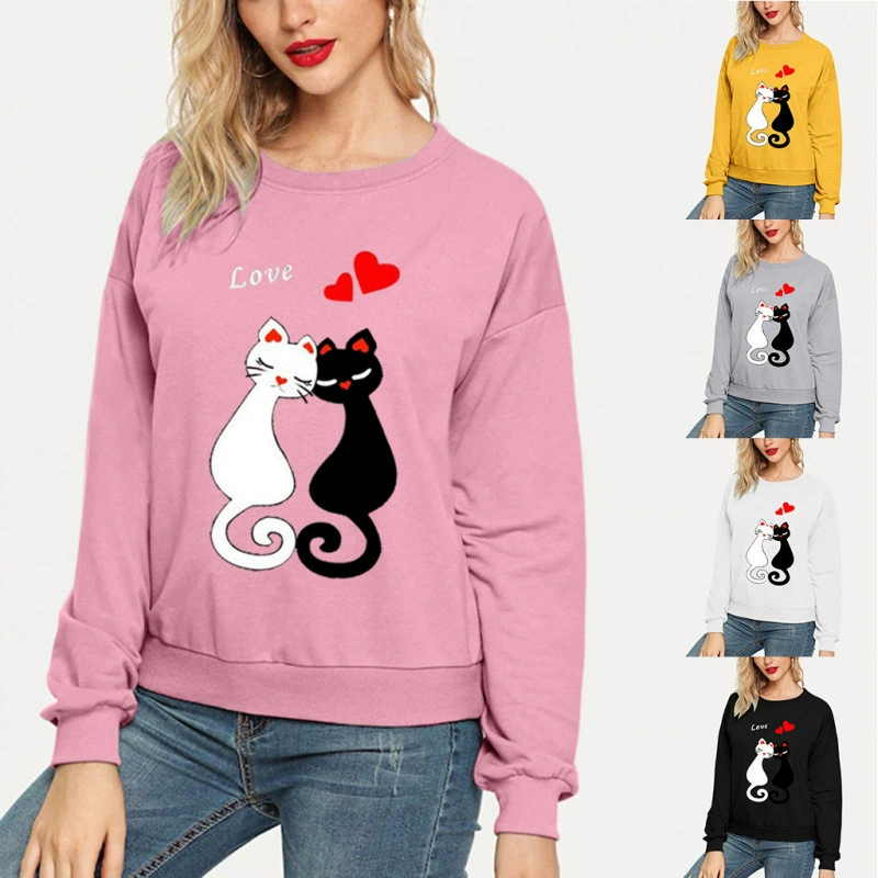 2025wish AliExpress Amazon Европа и США Новый кошачий узор с принтом с круглым вырезом с длинными рукавами повседневная свитер женщина
