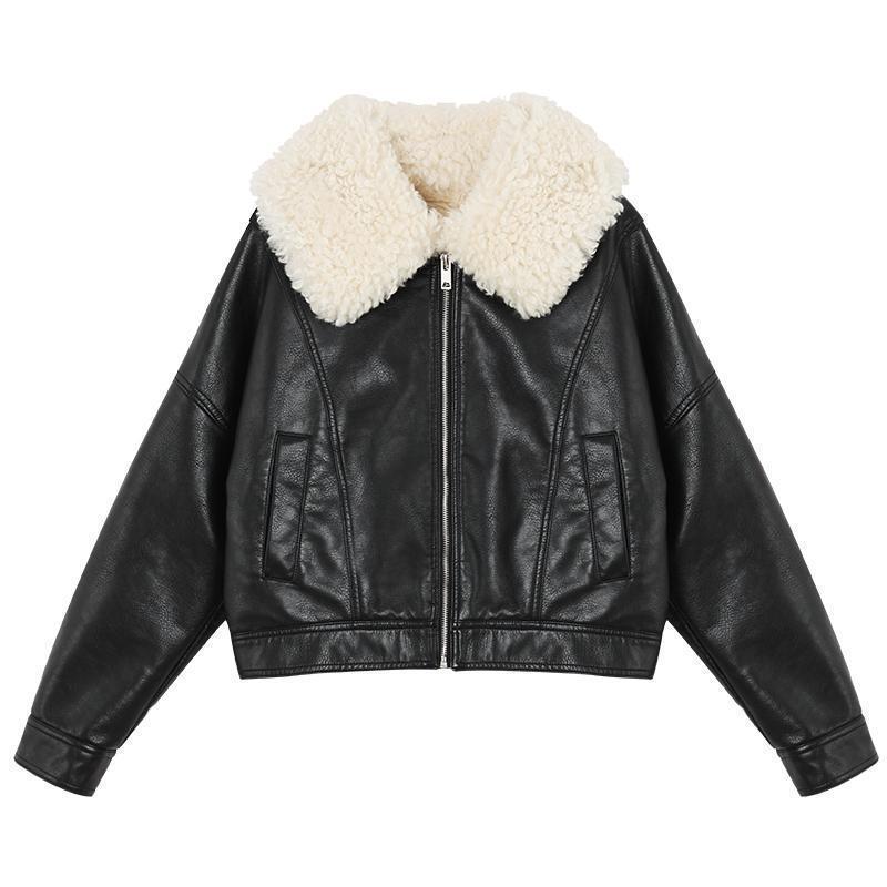 Retro Autumn and winter Plush leather clothing black locomotive coat Western style have cash less than that is registered in the accounts 2021 Lamb Fur collar thickening Jacket