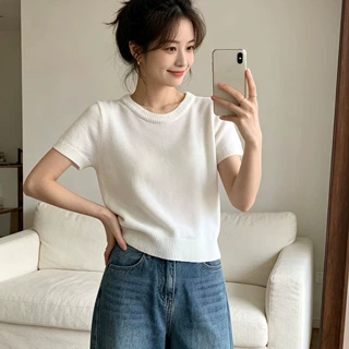 独特设计感夏季别致漂亮圆领小众正肩冰丝针织短袖t恤女短款上衣