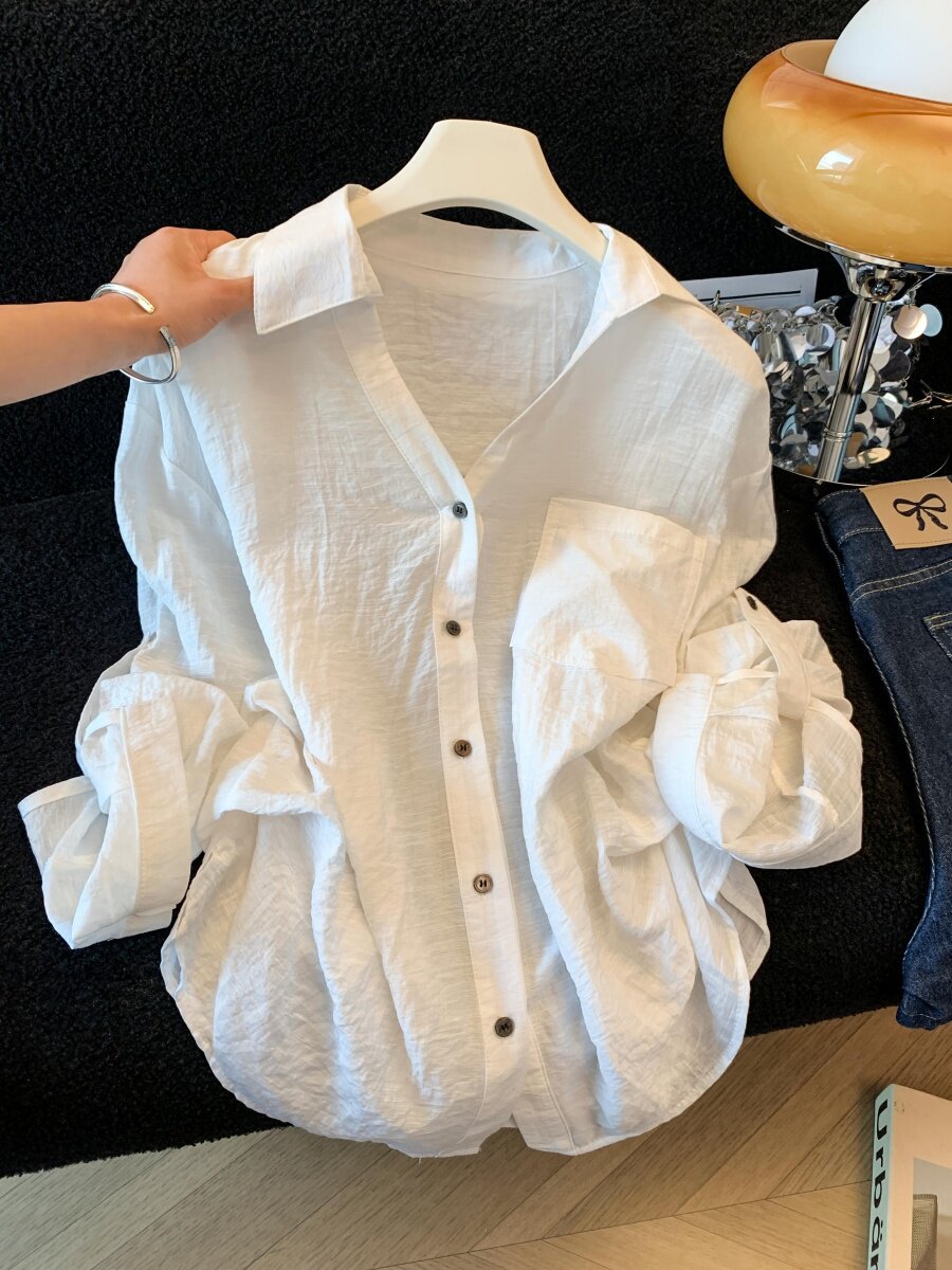 Áo sơ mi chống nắng nữ dài tay dáng rộng chất liệu linen thoáng mát — xanh lam chi tiết 3