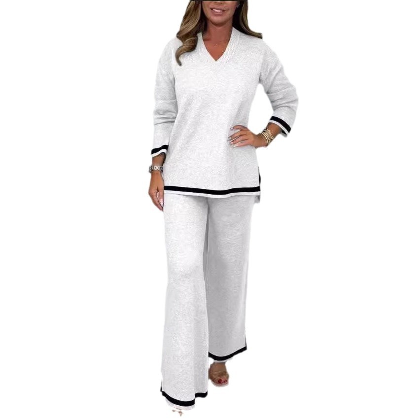 Women's Clothing Autumn and Winter Temperament Casual Solid Color Knitted Long Sleeve Pants Set_voghion.com