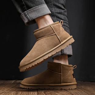 fleece-lined Cowhide Men's Snow Boots Men's Short Tube Warm Cotton Shoes Thickened Genuine Leather Non-Slip Boots Bread Shoes for Winter