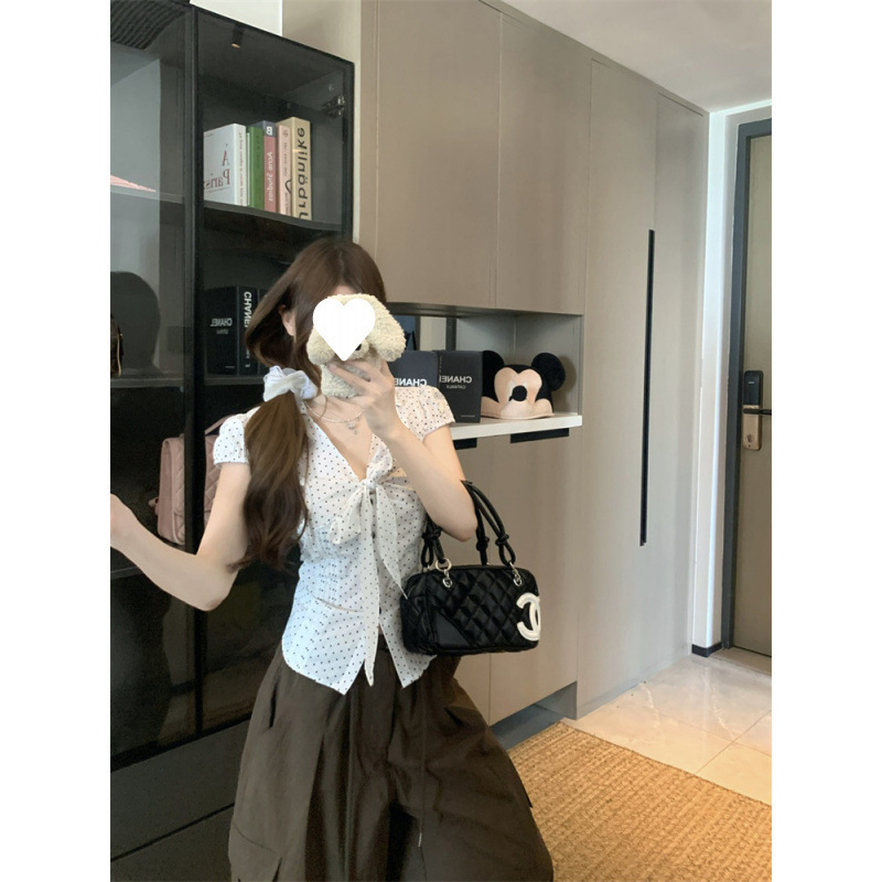 工厂批发法式系波点短袖衬衫女装夏季蝴蝶结短款收腰衬衣白色上衣|undefined