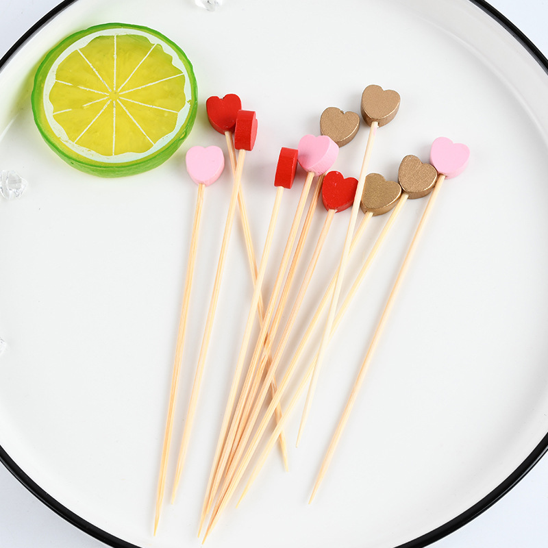 Tenedor de fruta de amor desechable palo de bambú palo de vino de hamburguesas de lujo decoración de pastel de fruta tenedor de palo de bambú creativo al por mayor