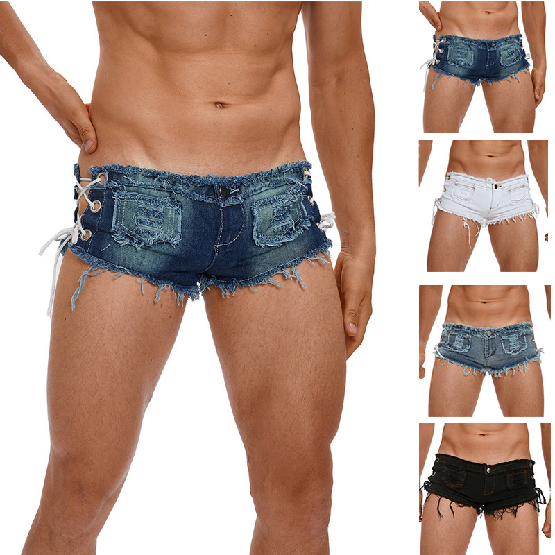 1616 # New Style Sexy Men's Tight Denim Shorts, Low-Waisted, Ultra-Short, Faux Female Clothing, Hollow-Out Side Slit