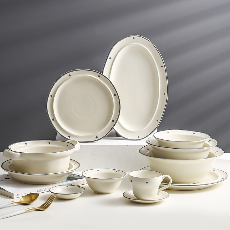 Tableware Set Embossed Accessible Luxury Plates Dishes Ceramic Bowls Cream Style Home Restaurant High-End Housewarming Plates and Bowls