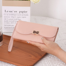 霍珀新款女士长款钱包日韩PU简约百搭蝴蝶结折叠大容量手提手拿包