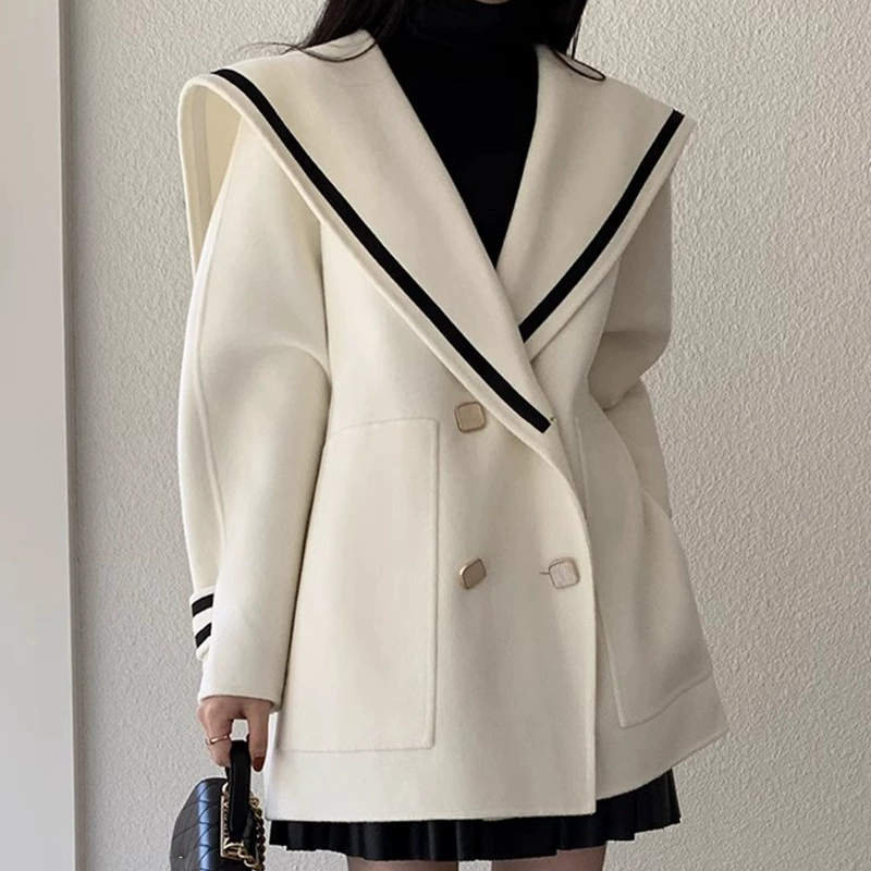 Demi-season retro navy woolen coat for leisure made of faux fur, jacket, Korean style, French retro style, oversize