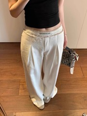 韩版拼接蕾丝腰宽松阔腿裤女春夏季新款小众百搭低腰通勤休闲长裤