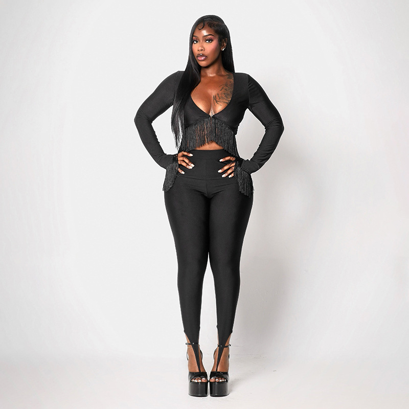 D26ST405 European and American cross-border women's autumn low-neck tassel patchwork crop top and solid color high-waisted leggings set