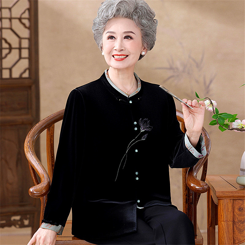 喜庆奶奶装长袖衬衫中老年人春秋装女金丝绒衣服婚宴礼服妈妈过寿|undefined