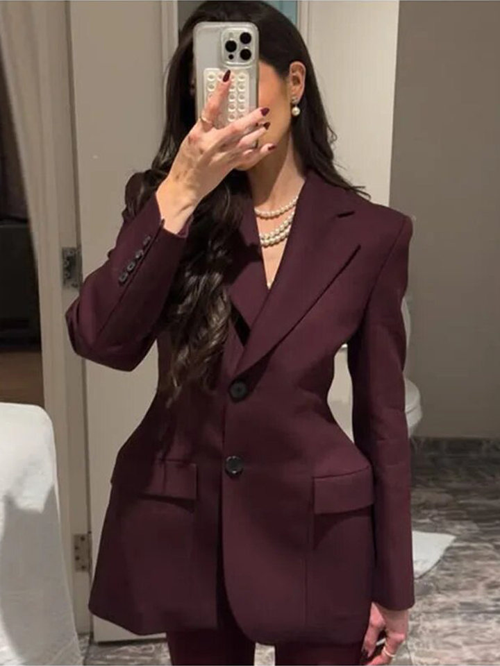 Áo vest nữ cổ chữ V dáng ôm eo tôn dáng, tay dài, phong cách công sở — Màu trắng, Màu đen, Màu đỏ rượu, màu nâu nhạt