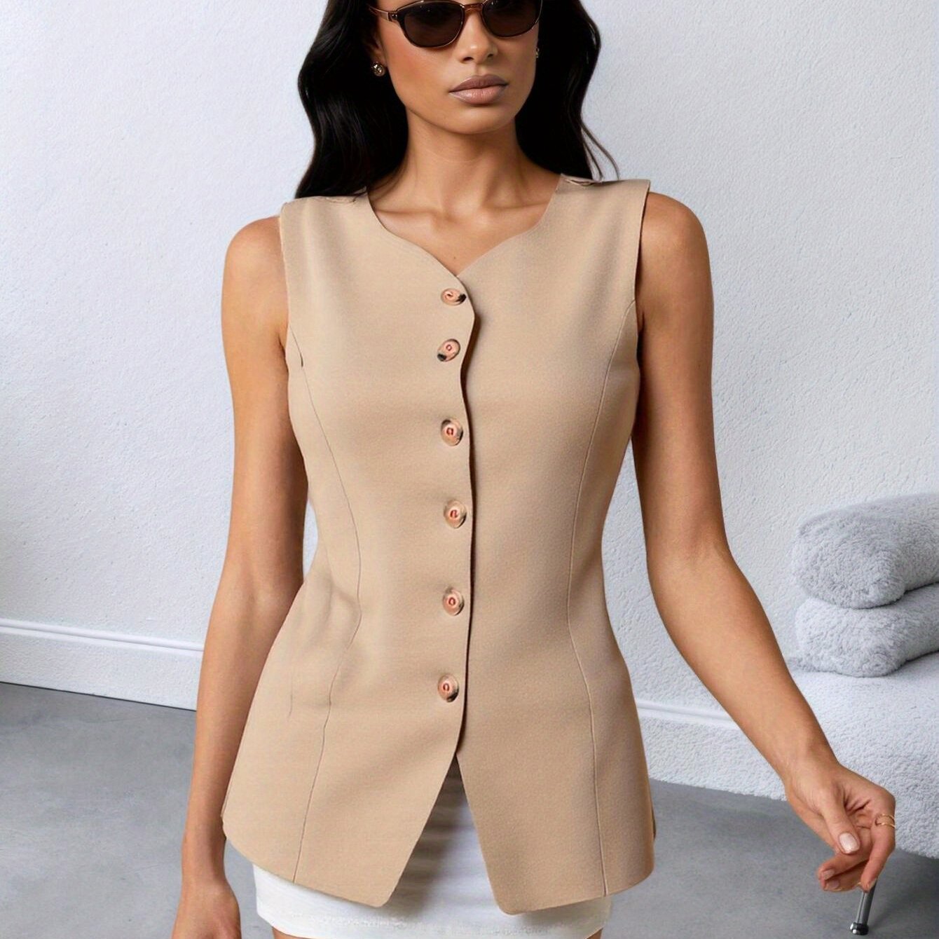 Women's Elegant Commuter Vest V Neck Mid Transfronterizo