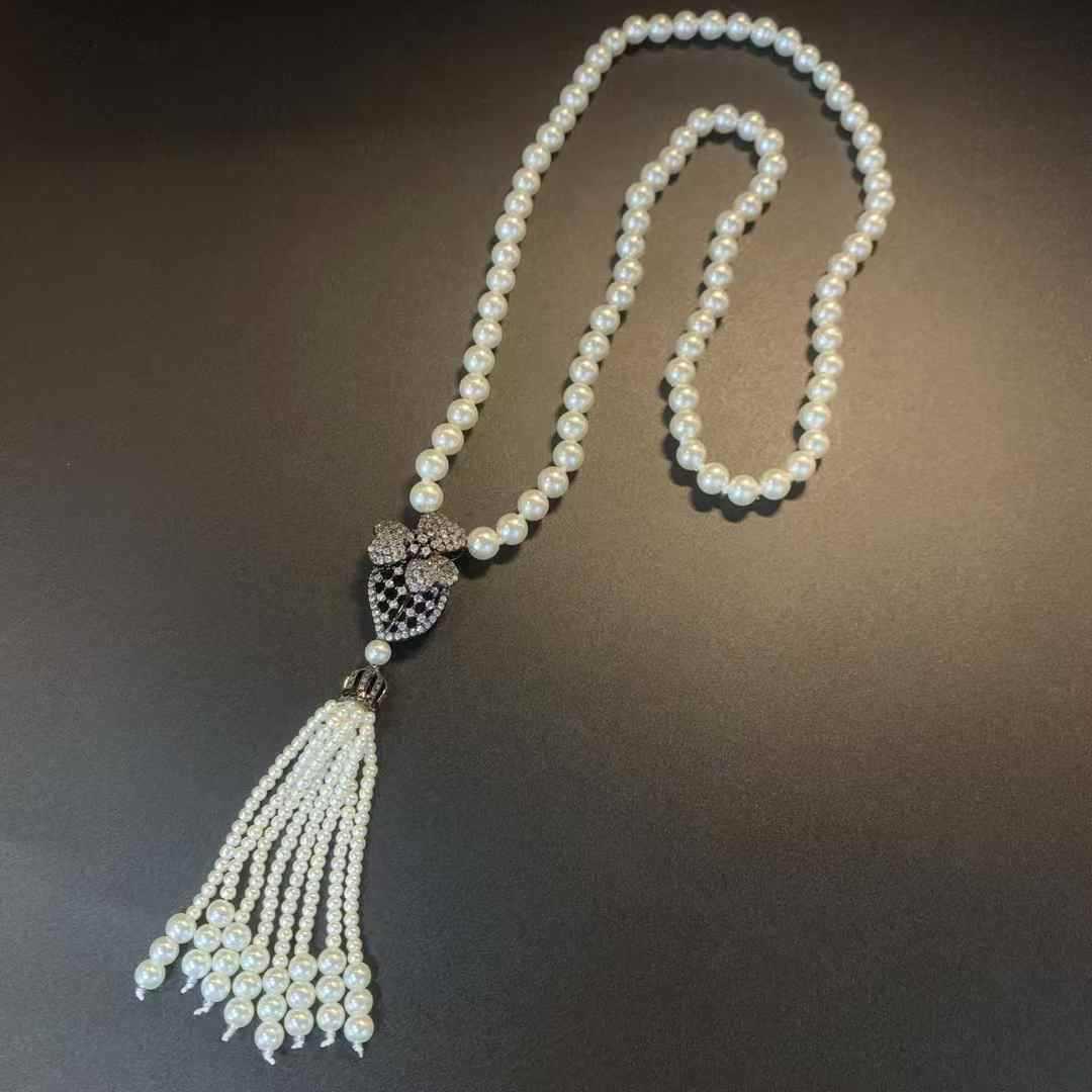 Qingdao Middle Ancient Chinese Style New Chinese Style Tassel Long Necklace Palace Hollow Carved Diamond Pearl Woolen Chain for Women