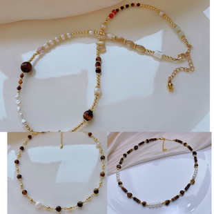 Freshwater Pearl Maillard Necklace Women's Tiger Eye Stone Vintage Niche sweater chain European and American high-end clavicle chain wholesale