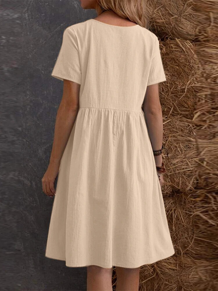 2026 Summer European And American Retro Loose Pocket Solid Color Round Neck Women's Dress_ecoleips.com