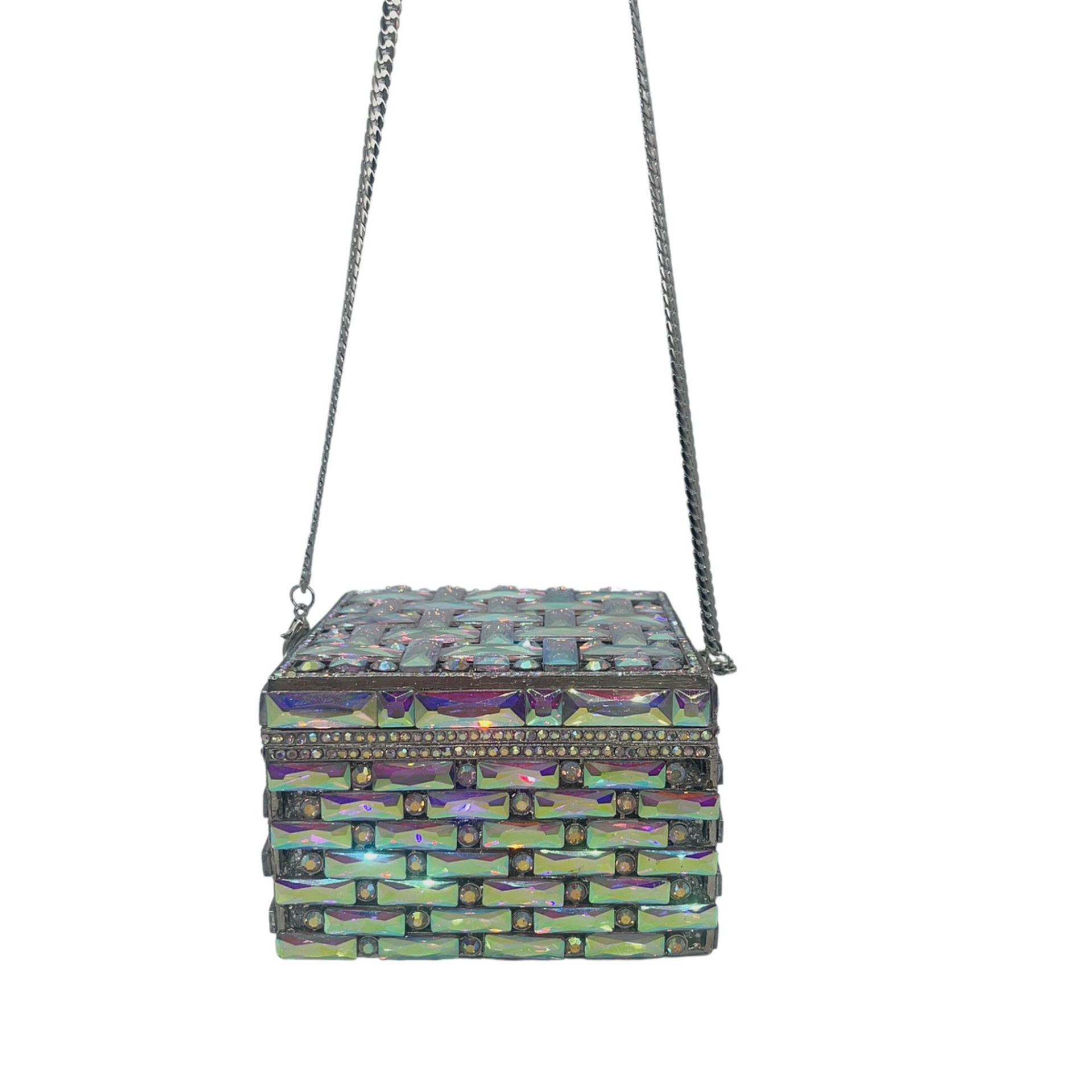 Túi clutch nữ đính kim cương dáng hộp vuông nhỏ dự tiệc — Nền vàng kim cương trắng, Vàng AB, Bạc AB, Màu bạc chi tiết 7